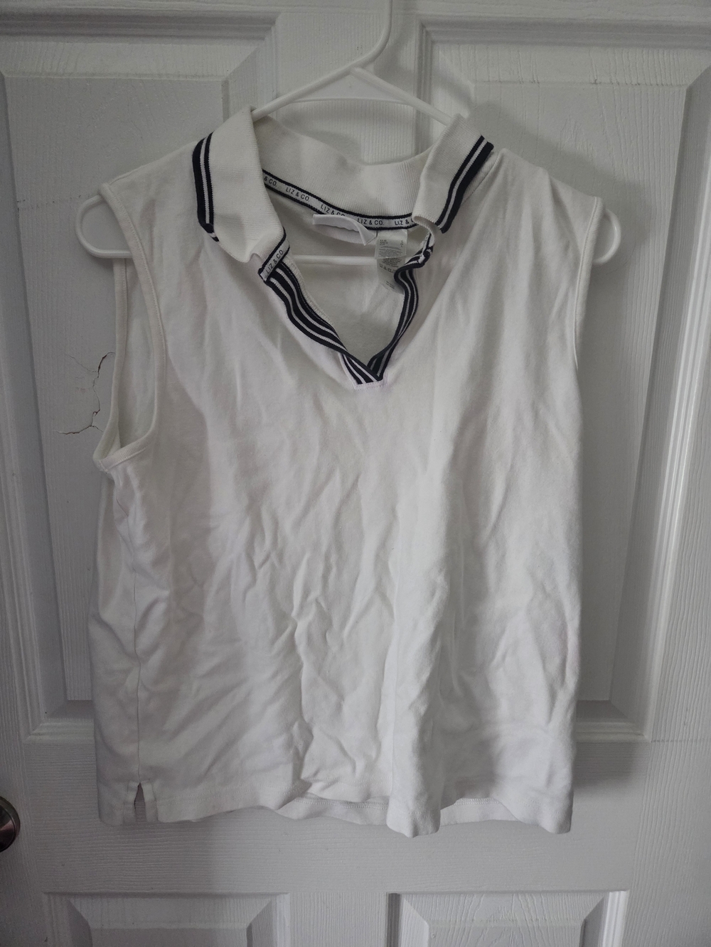 liz & co. White Sleeveless Polo Tank with Navy Trim